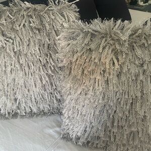 Two silver fluffy Accent pillows 18x18